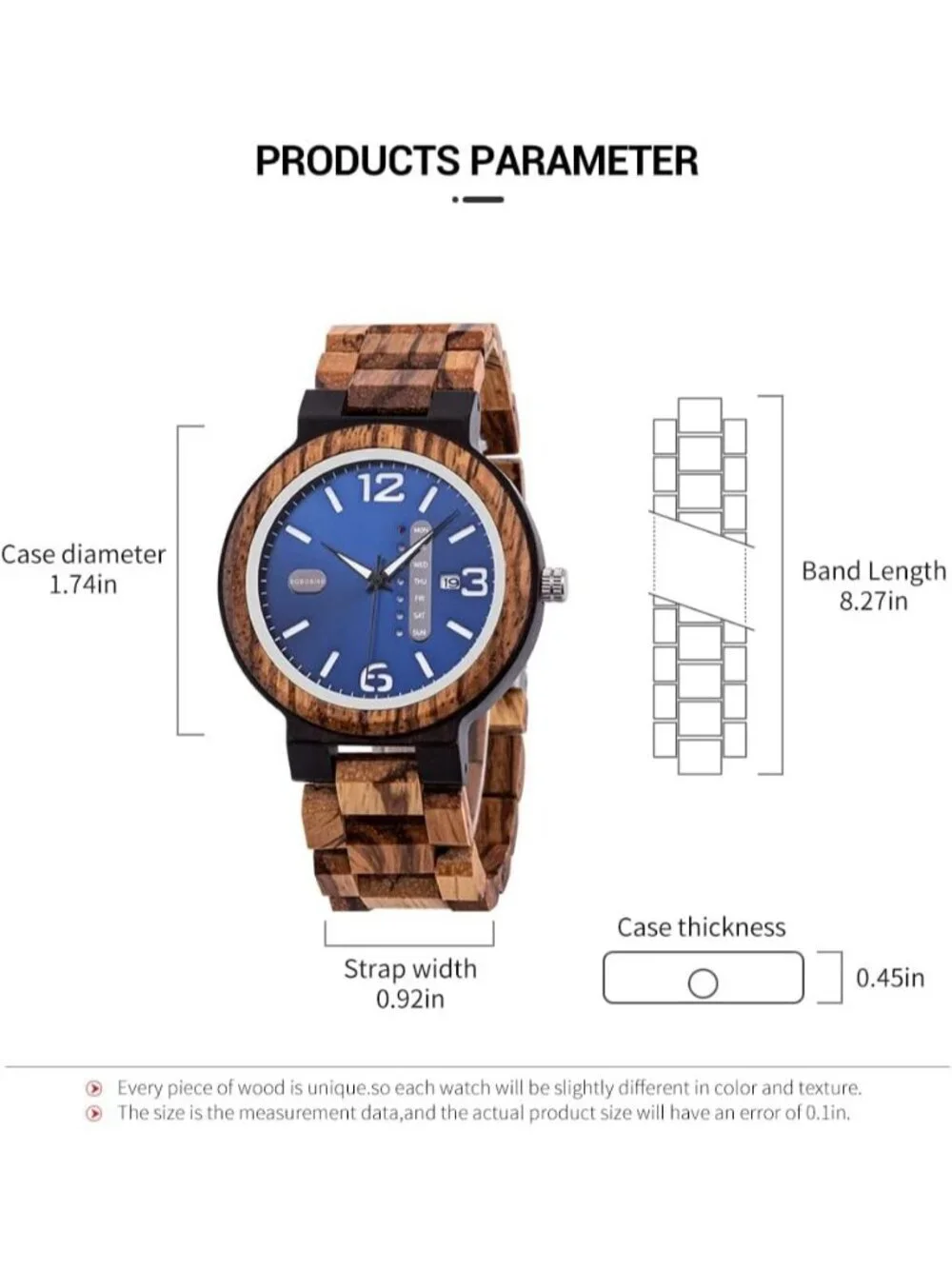 Men's Brown Blue Multi-Functional Quartz Lightweight Handmade Wrist Wooden Watch